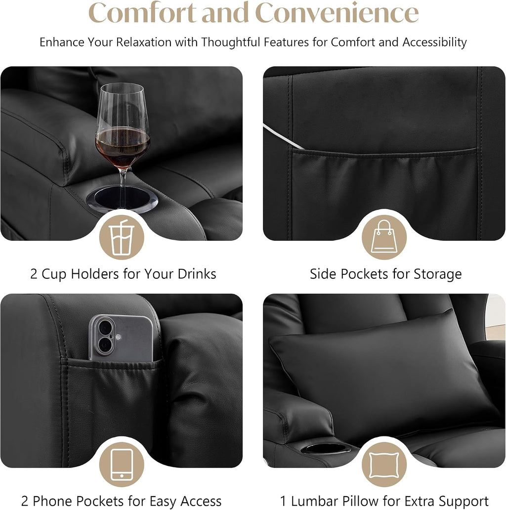 Power Swivel Rocker Recliner Chair for Adults, Dual-Motor Power Recliner with Independent Back & Footrest, Massage & Heat, 3-Sided Lights, USB, Cup Holder, Glider Rocking Chair for Living Room, Black