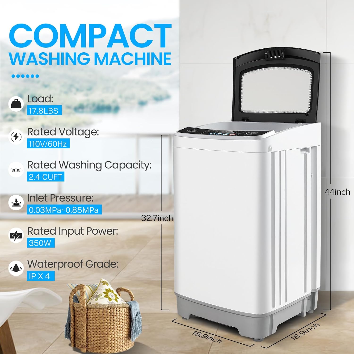 Nictemaw Portable Washing Machine, 2.4 Cu.ft Portable Washer 17.8Lbs Capacity Full Automatic Washing Machine with 10 Programs 8 Water Levels, Drain Pump, Glass Top Lid, for Apartment, Dorm, Home, RVs