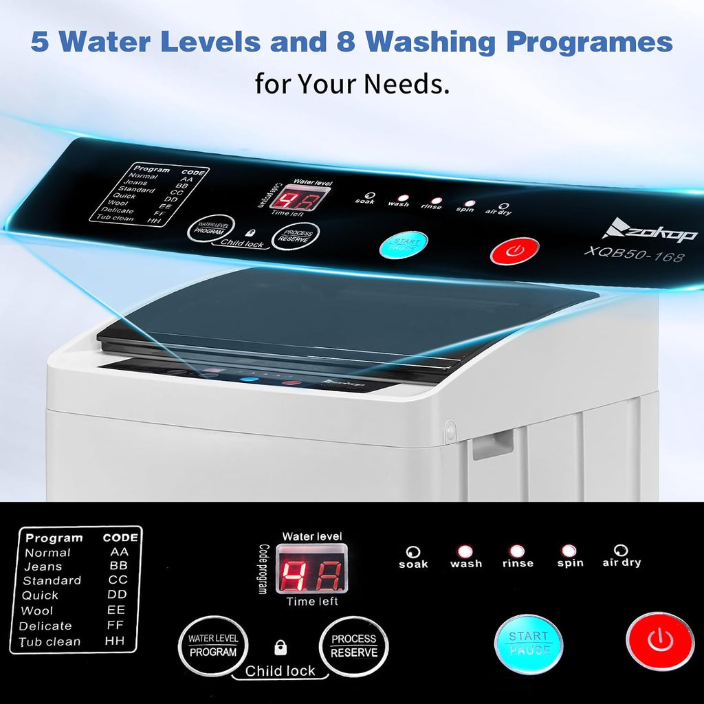 1.5 Cu.Ft Full-Automatic Washing Machine, 17.8 lbs Compact Portable Washer with Stainless Steel Drum, 8 Programs & 5 Water Levels, Child Lock & Delay Start, Top Load