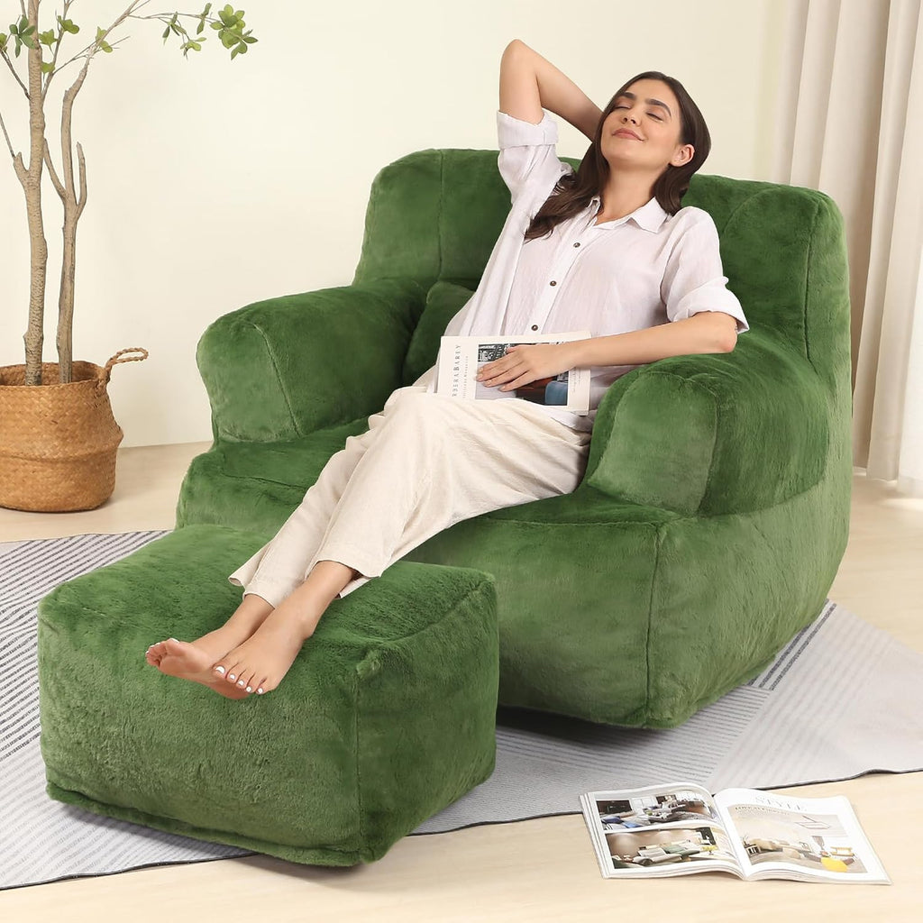 MOMCAYWEX Comfy Gaint Bean Bag Chair with Ottoman, Huge Bean Bag Armchair for Adults and Teens, Green