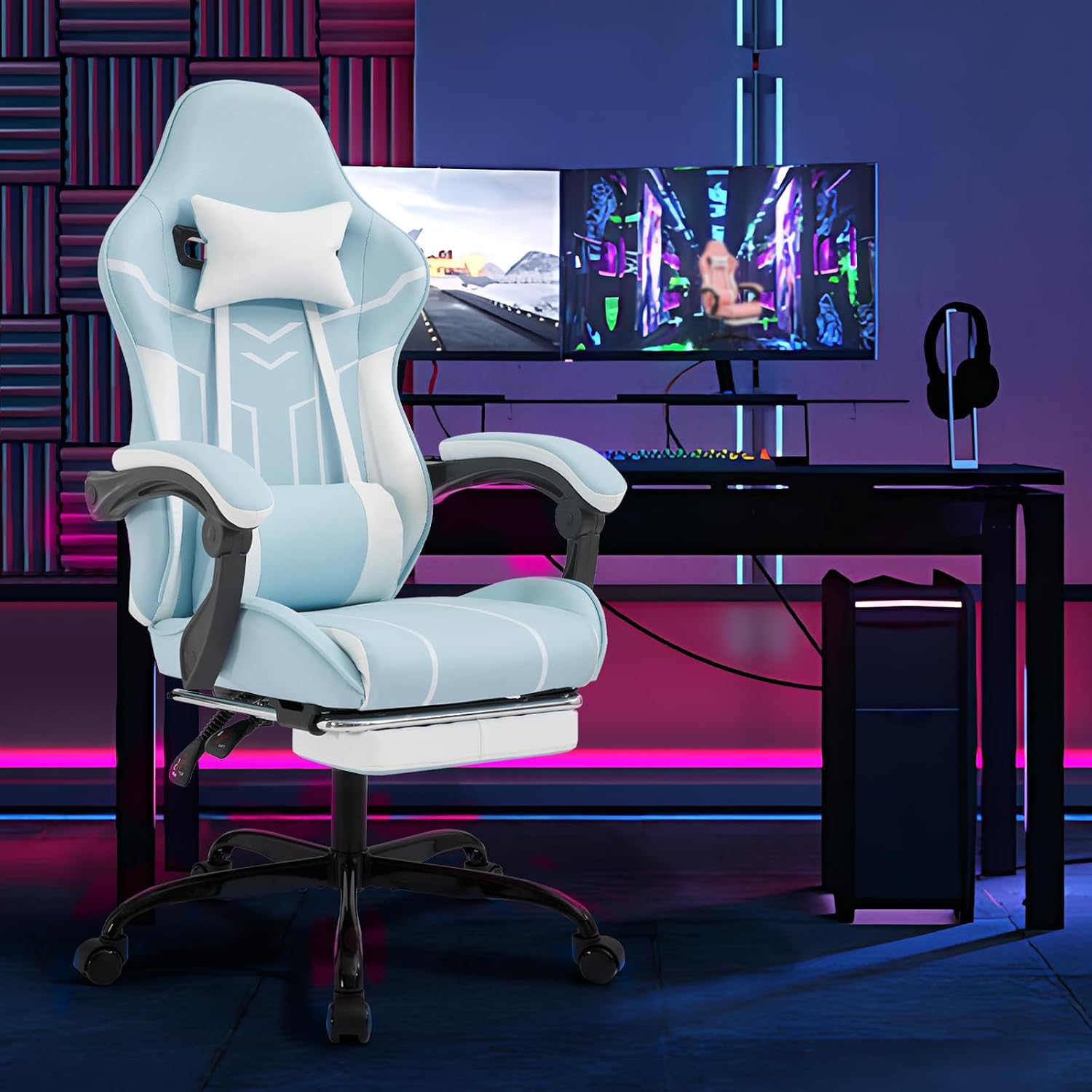 Gaming Chair with Massage and Footrest, Ergonomic High Back PC Racing Chair, 300LBS Capacity with Adjustable Lumbar Support & Headrest for Office and Desk (Model D, Blue+White)