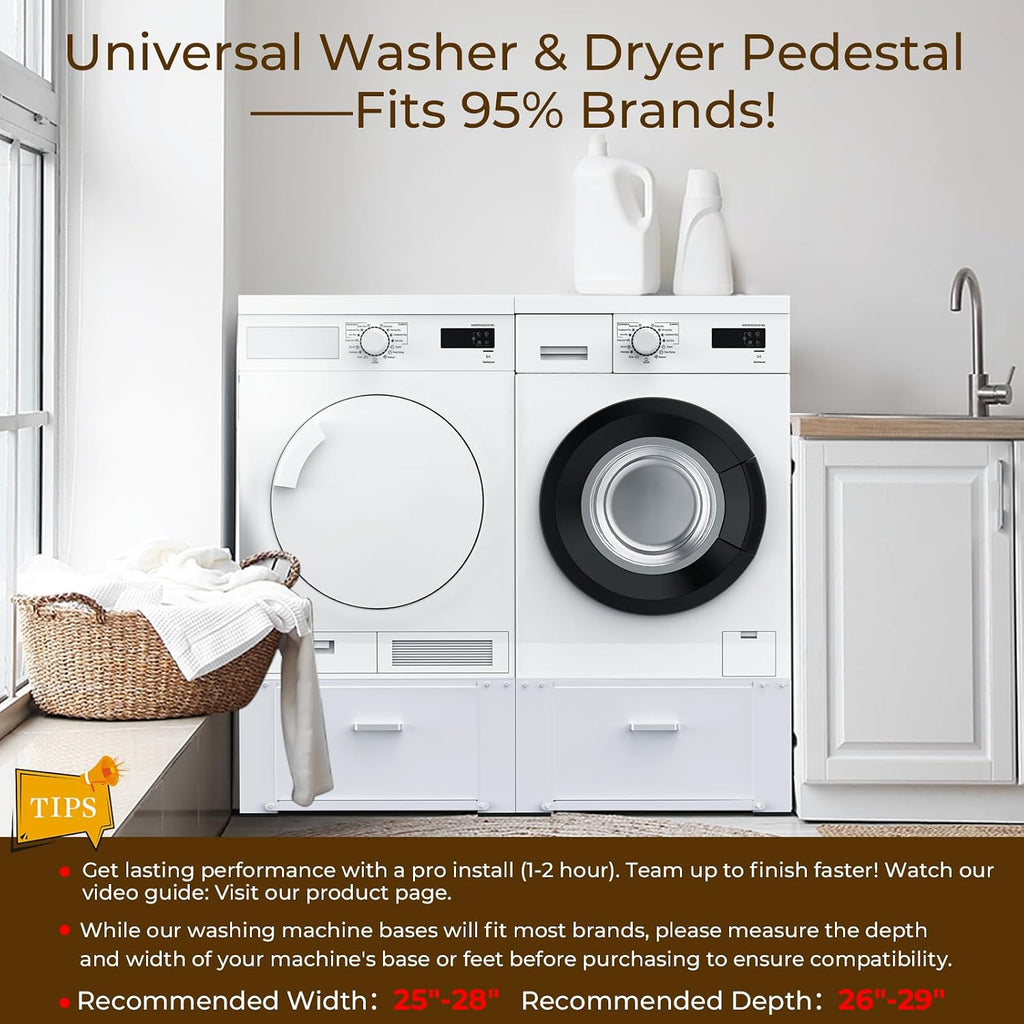 SKM Washer and Dryer Pedestal with Drawer, Laundry Pedestal for Washer and Dryer Stand, Heavy Duty Steel Washing Machine Stand Height Raiser (2, white, 28' W x 29' D x 14' H)