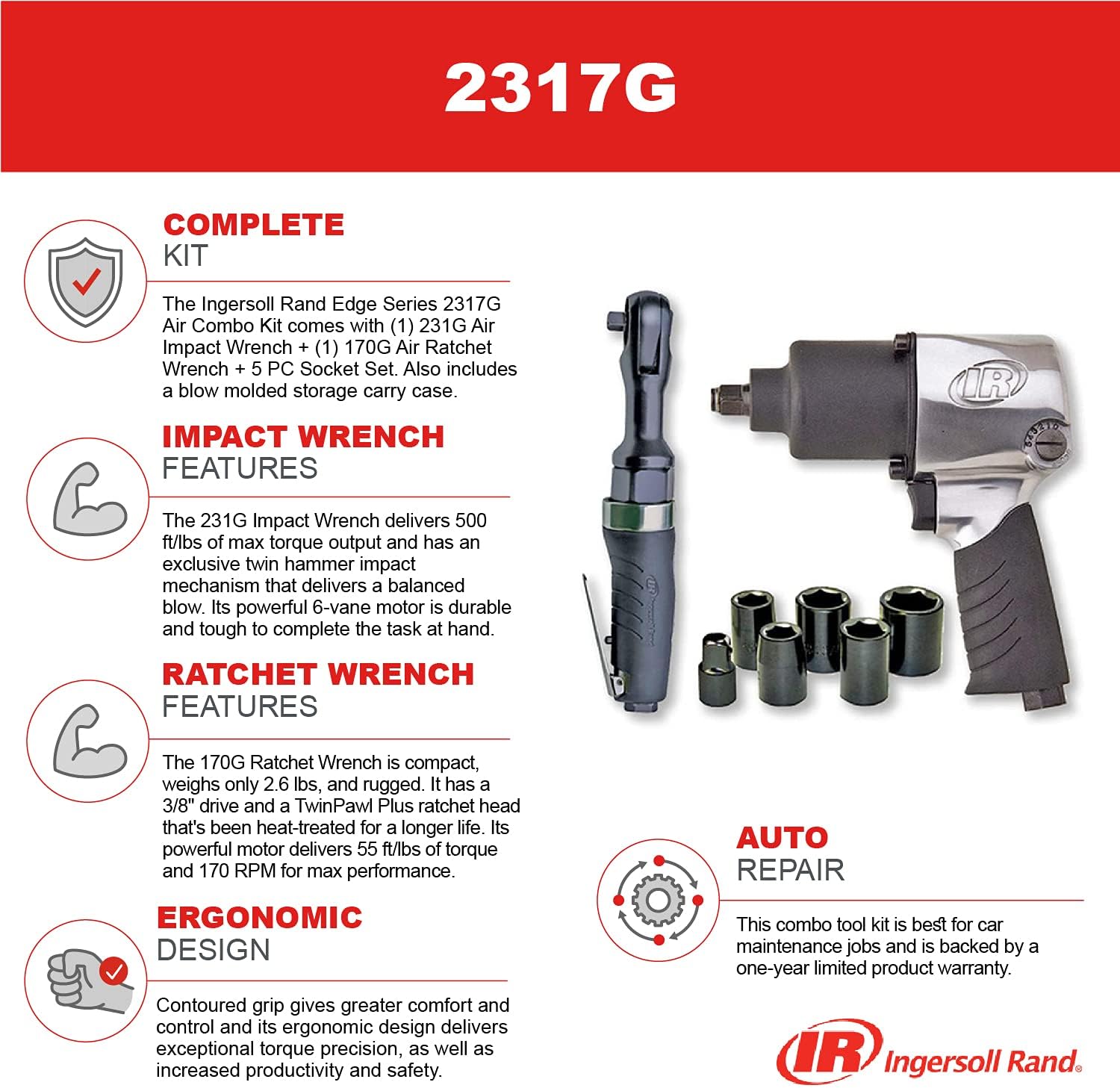 Ingersoll Rand 2317G 1/2' Air Impact Wrench and 3/8' Air ratchet Combination Kit, incl 5-piece Socket Set, Carrying case