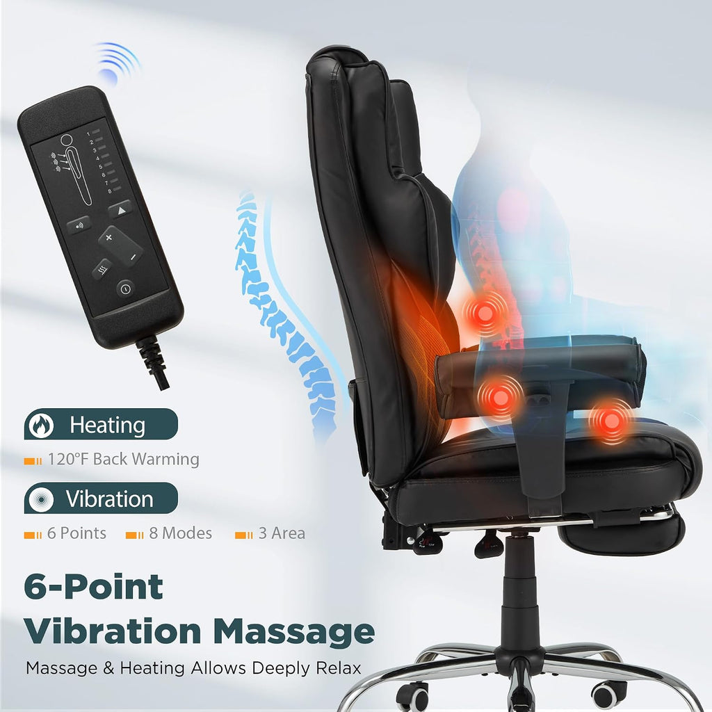 HOMREST Ergonomic Executive Office Chair with 6-Point Vibration & Heat - Reclining Managerial Chair with Adjustable Footrest and Armrests,Big and Tall Leather Home Office Desk Chairs(Black)