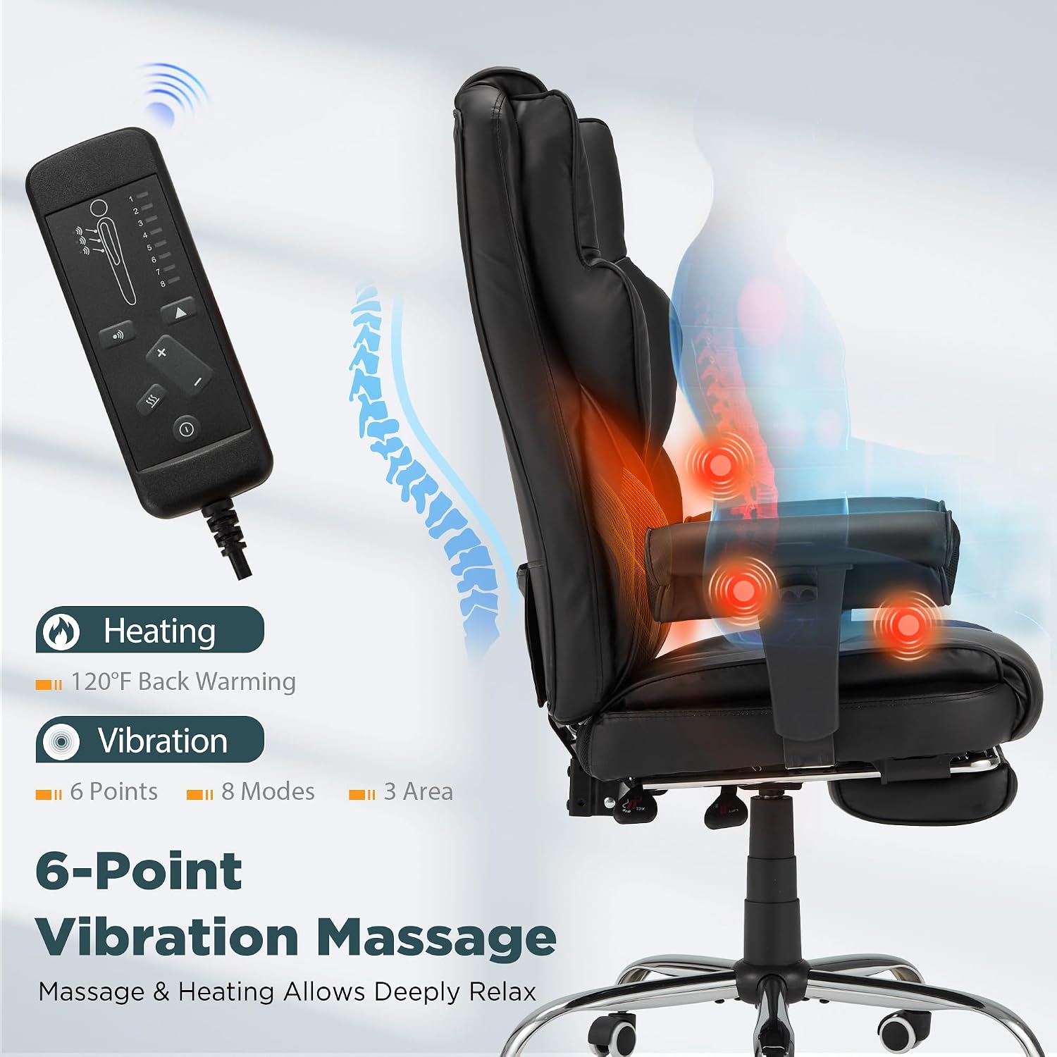 HOMREST Ergonomic Executive Office Chair with 6-Point Vibration & Heat - Reclining Managerial Chair with Adjustable Footrest and Armrests,Big and Tall Leather Home Office Desk Chairs(Black)