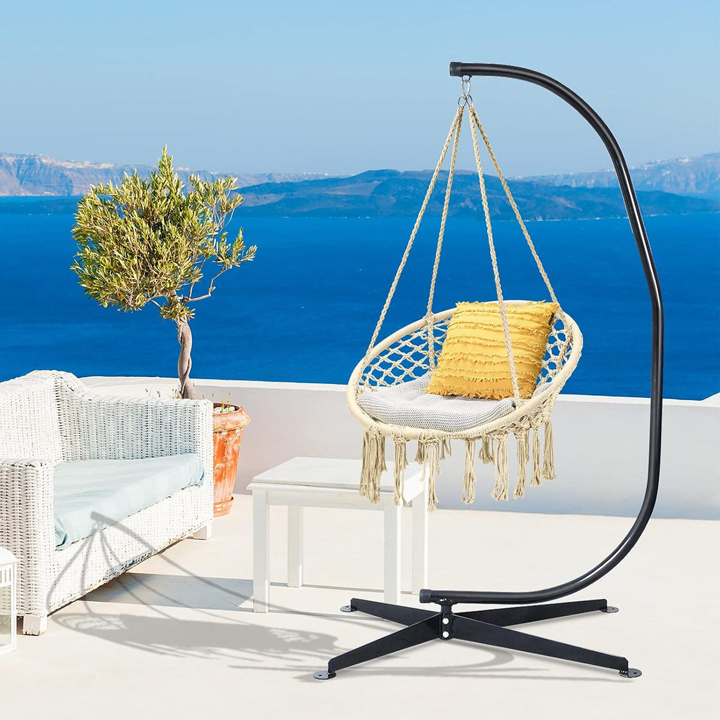 Giantex Hammock Chair with Stand, Solid Steel Heavy Duty C Stand with Macrame Hanging Chair, Handwoven Tassels Swing Chair Include Hammock Stand for Indoor Outdoor Use (Beige)