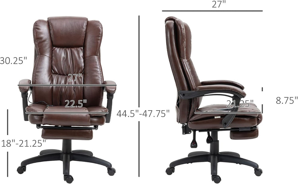 Vinsetto High Back Massage Office Chair with 6-Point Vibration, 5 Modes, Executive Chair, PU Leather Swivel Chair with Reclining Back, and Retractable Footrest, Brown