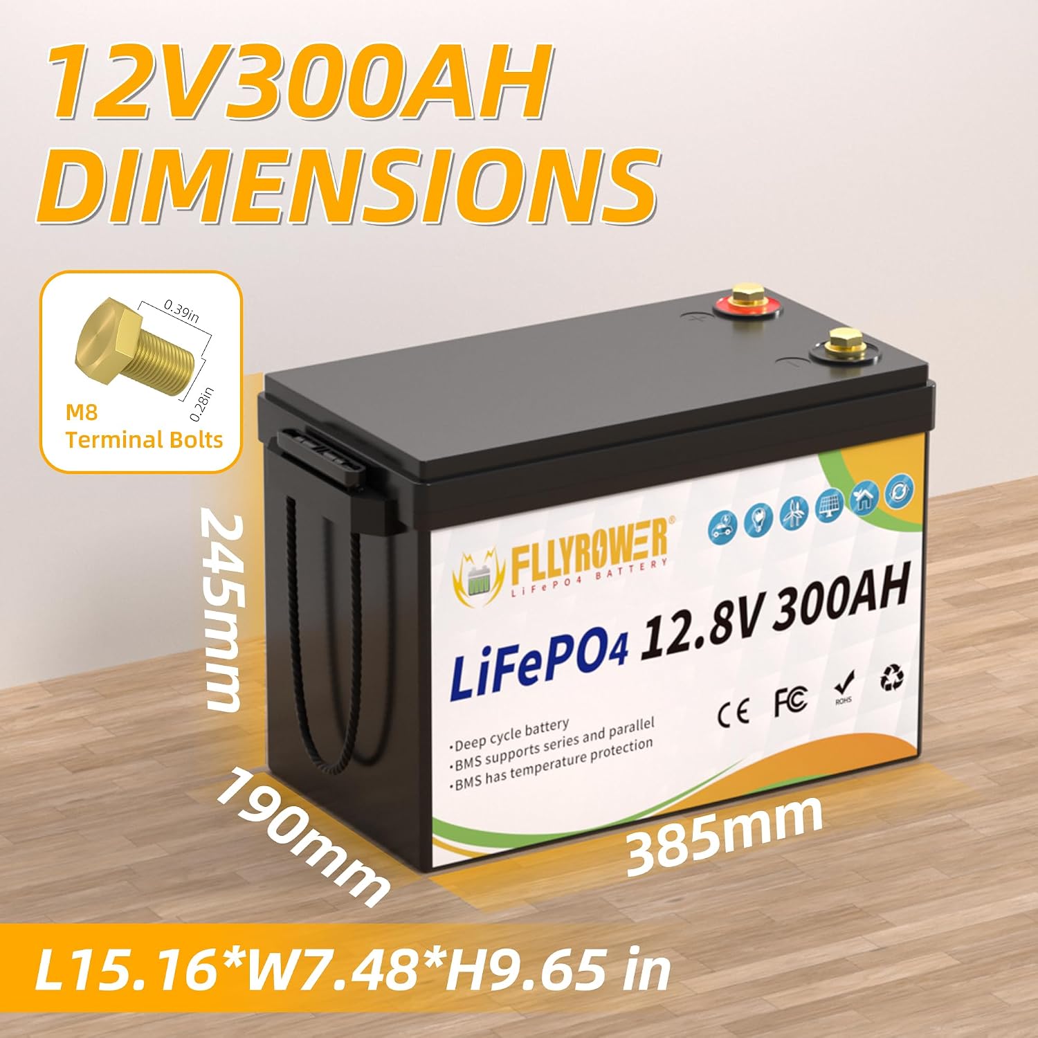 FLLYROWER 12V Lithium Battery 300AH With BMS and 16500 Deep Cycles 12V 300AH Lifepo4 Battery Grade A Cells for Marine Trolling Motor RV camping Solar Golf Cart Off-Grid