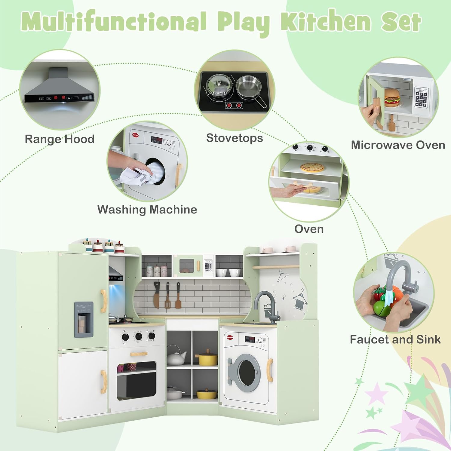 Costzon Corner Kids Kitchen Playset, Wooden Play Kitchen w/Sounds & Lights, Washing Machine, Range Hood, Ice Maker, Microwave, Oven, Sink, Pretend Toy Kitchen Set for Toddler, Gift for Boys Girls