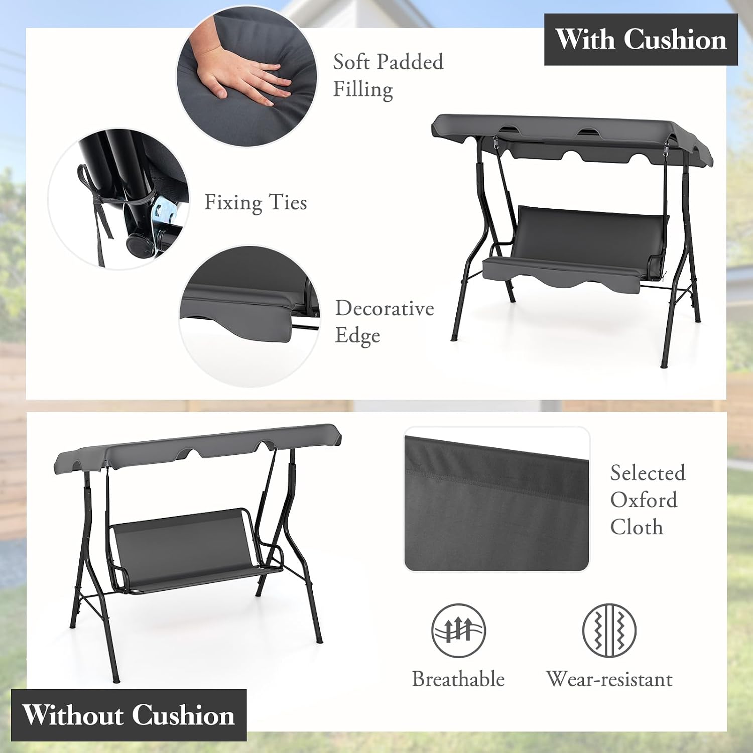 DREAMADE Porch Swing Outdoor, 3 Person Patio Swing w/Removable Cushion, Stand & Adjustable Canopy, Heavy Duty Swing Chair for Patio, Garden, Courtyard, Poolside