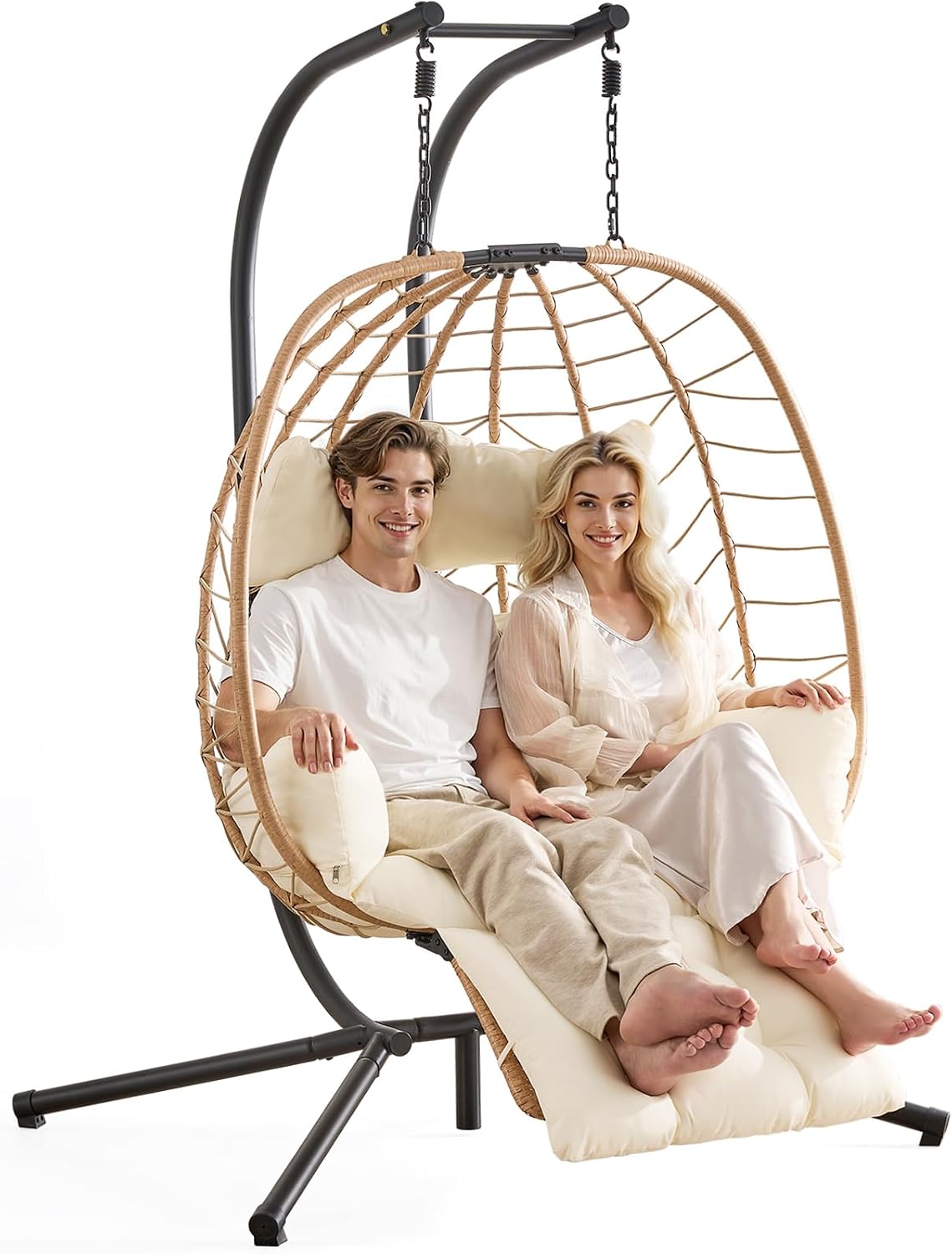ONBRILL Double Egg Chair with Adjustable Footrest & Stand, Rattan Hammock Swing Loveseat with Cushions & Headrests, 650LBS Capacity Hanging Chairs for Outdoor & Indoor Patio, Deck, Bedroom (YE-BE)