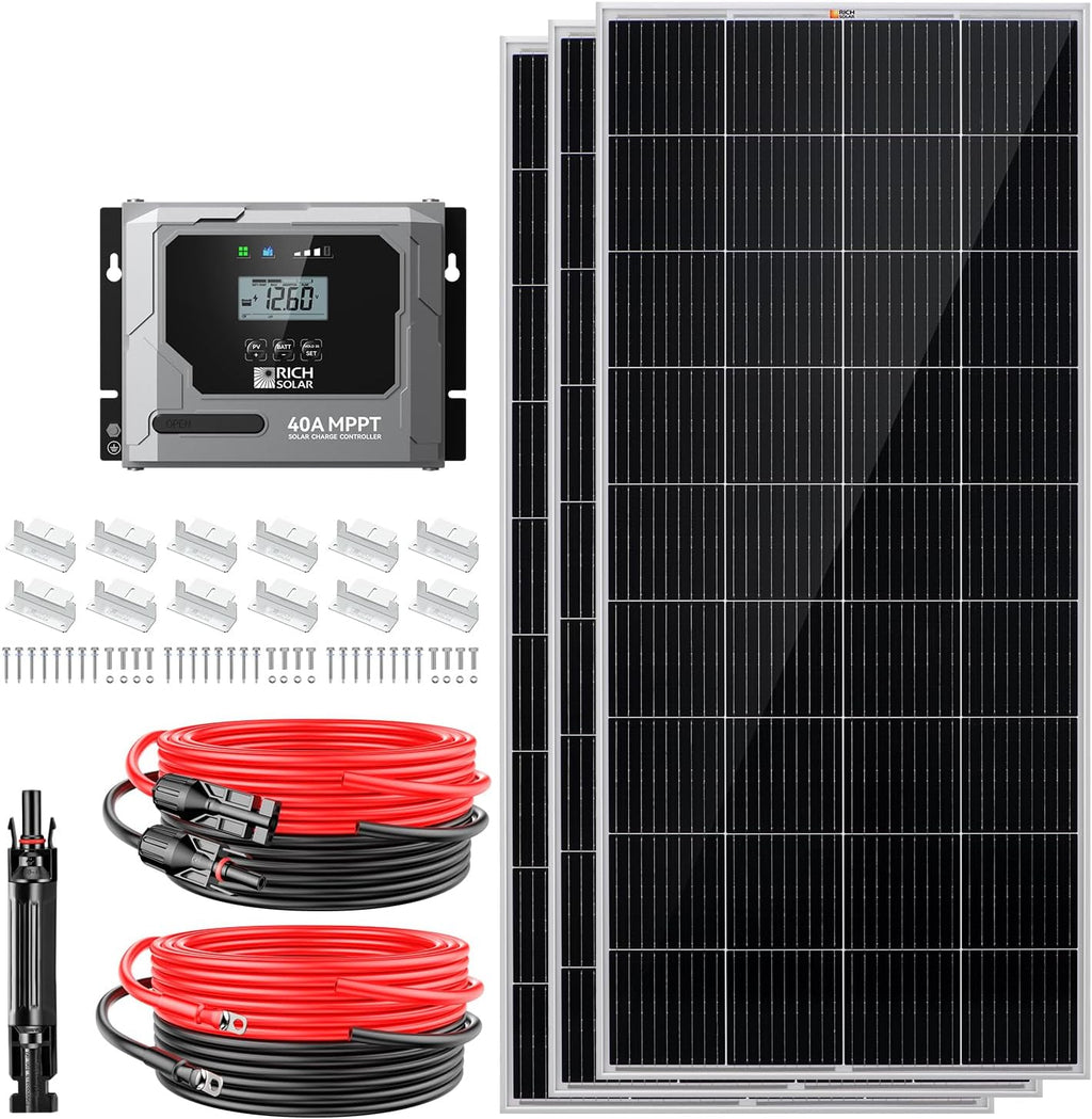 RICH SOLAR 600 Watt Premium Solar Kit - 3 Pack of 200W Panel, 40A MPPT Charge Controller, Bluetooth Module Fuse, Mounting Z Brackets, Adaptor Kit, Tray Cables Set, Off-Grid 12V Solar Power System