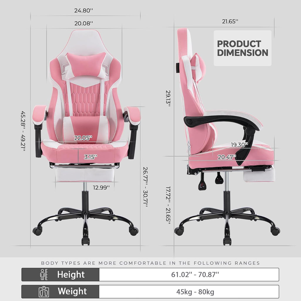 Gaming Chair with Massage and Footrest, Ergonomic High Back PC Racing Chair, 300LBS Capacity with Adjustable Lumbar Support & Headrest for Office and Desk (Model B, Pink)