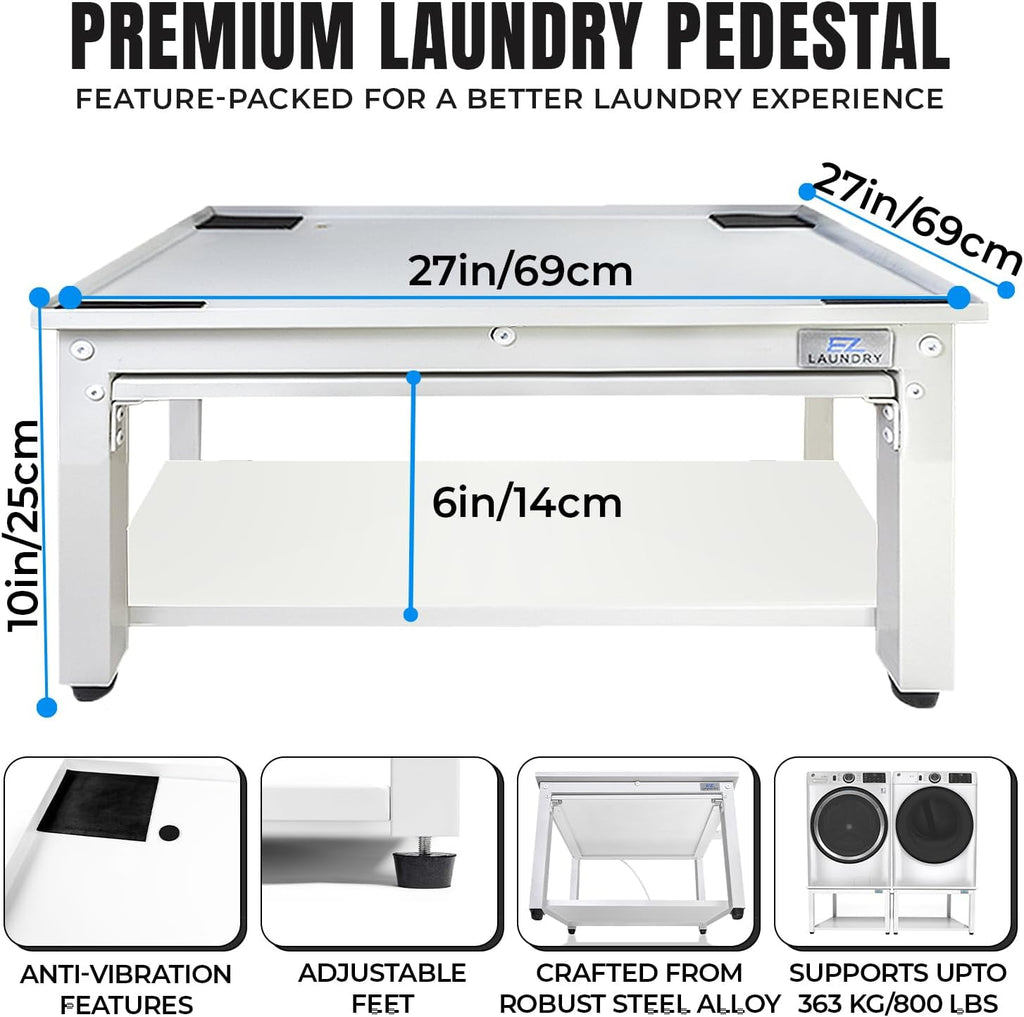 Washer and Dryer Pedestal with Pullout-Shelf - 27' W, 10' H, White Steel Universal Fit with Major Brands | Laundry Pedestal with Drain Pan & Hose | Washer Stand for Back Pain Relief, 800 lbs Capacity