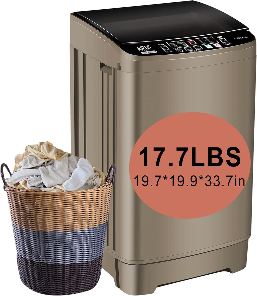 KRIB BLING Portable Full Automatic Washing Machine 17.7 lbs Compact Washing Machine with LED Display, Drain Dump, 10 Wash Programs and 8 Water Levels Ideal for Dorms, Apartments, RV, Gold