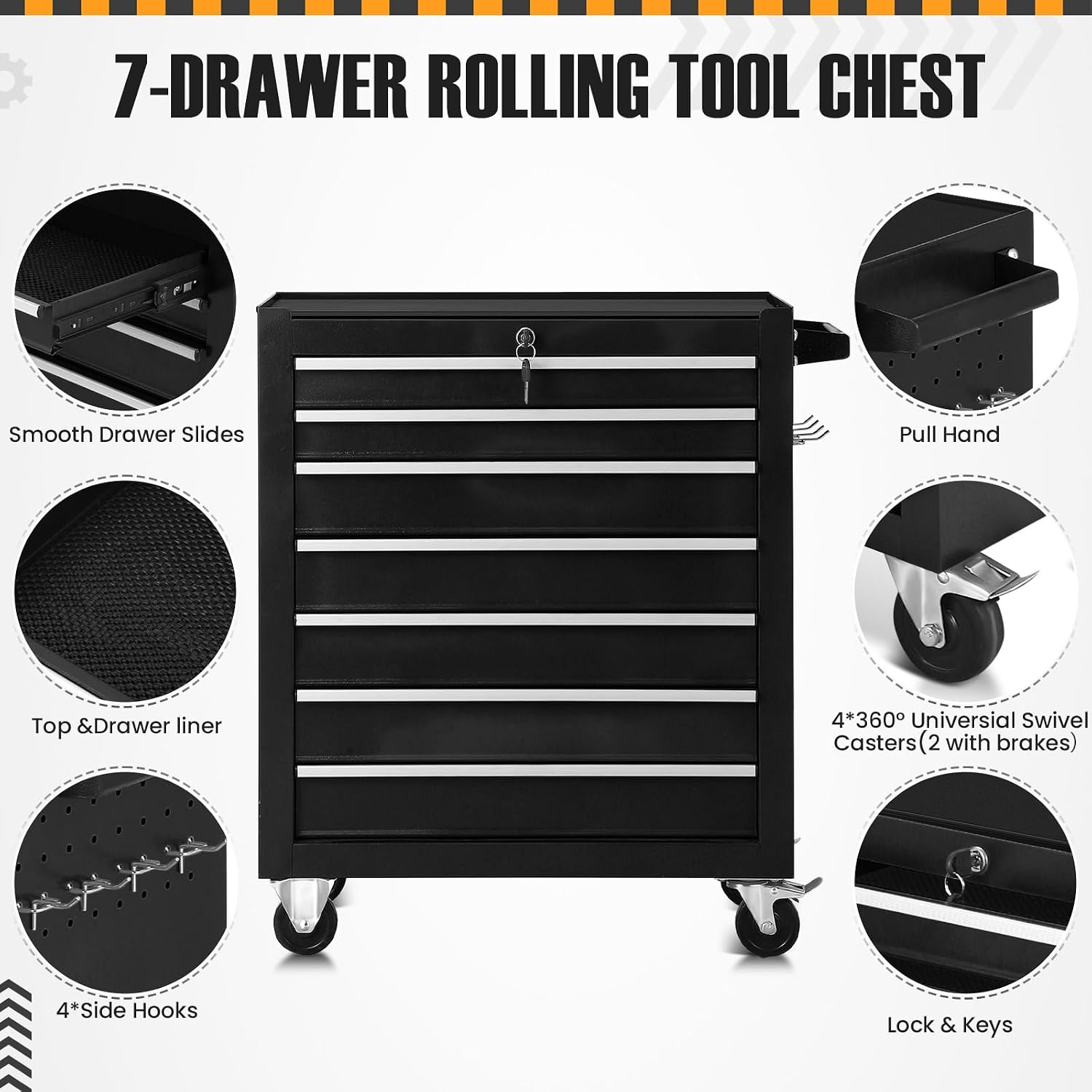 7-Drawer Rolling Tool Chest with Wheels,Tool Cabinet on Wheels with Keyed Locking,Multifunctional Tool Cart on Wheels,Tool Storage Organizer Cabinets for Garage,Warehouse, Repair Shop (Black)