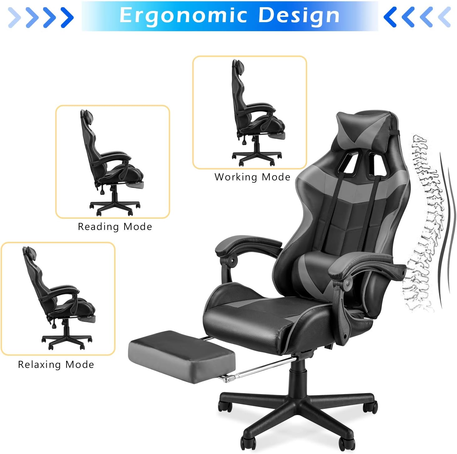 Soontrans Grey Gaming Chairs with Footrest,Ergonomic PC Computer Game Chair,Home Office Desk Chair with Headrest and Lumbar Support Gamer Chair for Adult