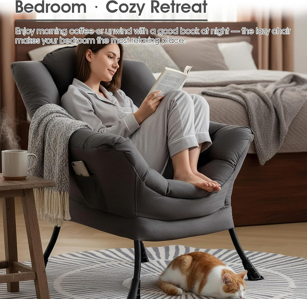 Lazy Chair for Living Room, Large Dark Grey Accent Chair with a Throw Pillow, Leisure Sofa Chair Set, Comfy Reading Chair for Bedroom, Dorm Room, Office