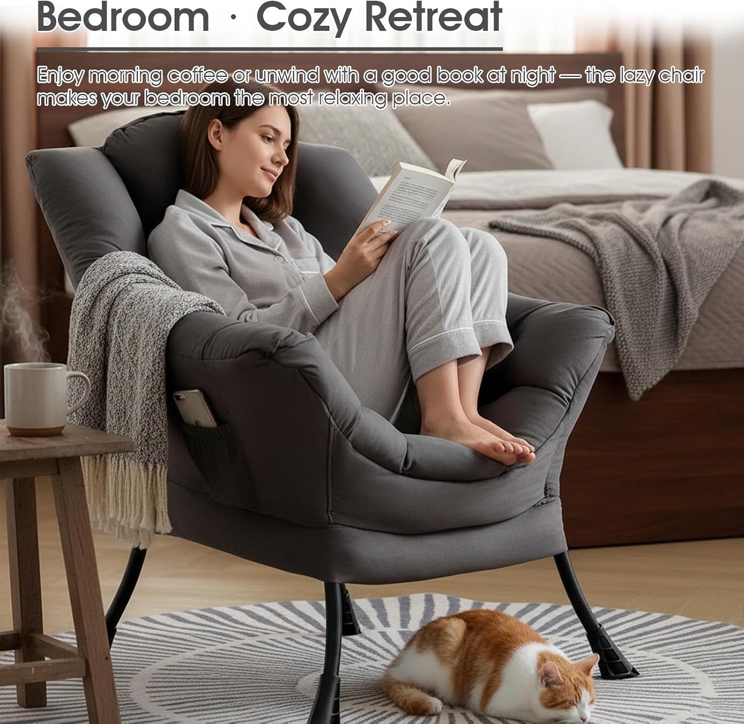 Lazy Chair for Living Room, Large Dark Grey Accent Chair with a Throw Pillow, Leisure Sofa Chair Set, Comfy Reading Chair for Bedroom, Dorm Room, Office