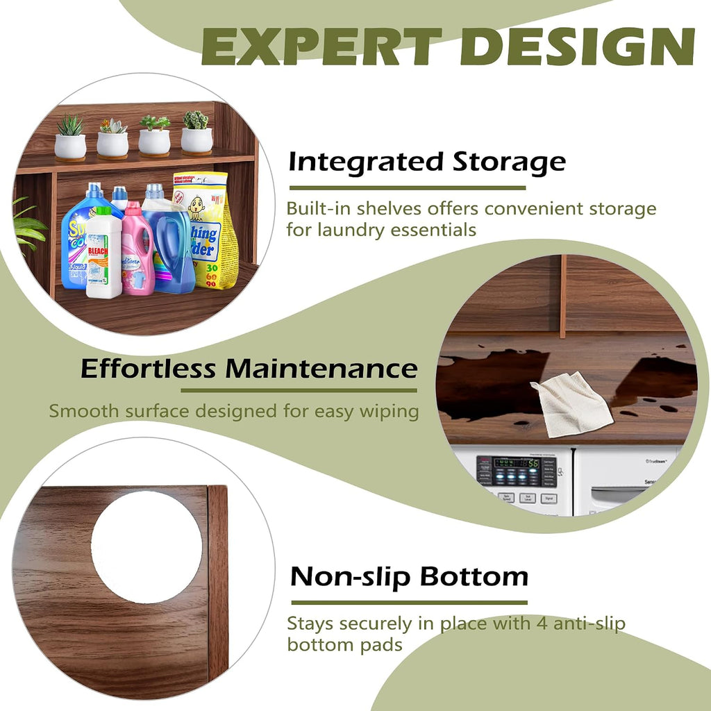 Royxen Laundry Countertop with 20' Shelf Universal Fit, Washer and Dryer Countertop with Storage Space, Laundry Room Storage (Walnut)