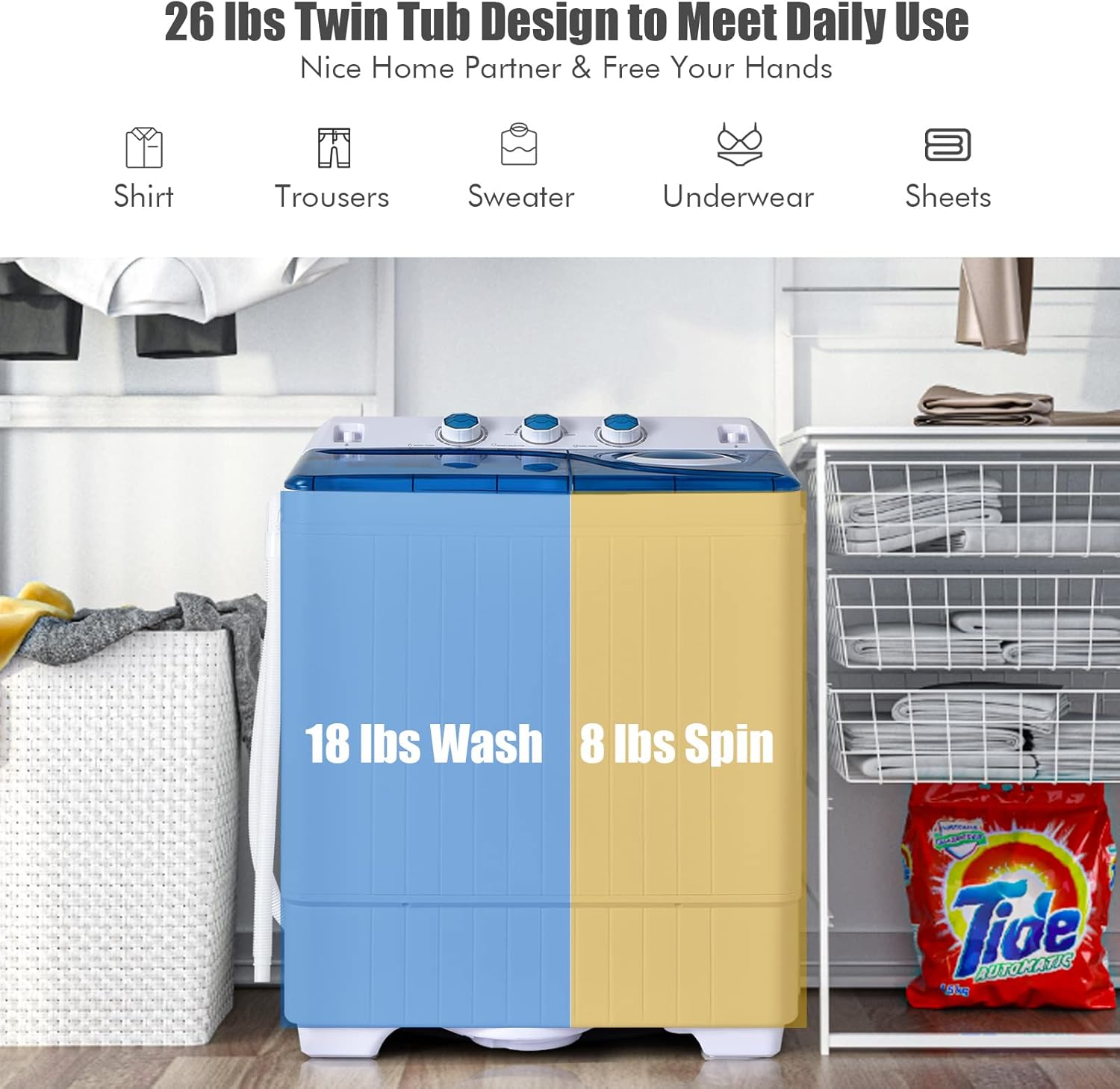COSTWAY Portable Washing Machine, 2-in-1 Twin Tub 26lbs Capacity Laundry Washer(18lbs) and Spinner(8lbs) with Control Knobs, Timer Function, Drain Pump, Perfect for Home Apartment RV, Blue