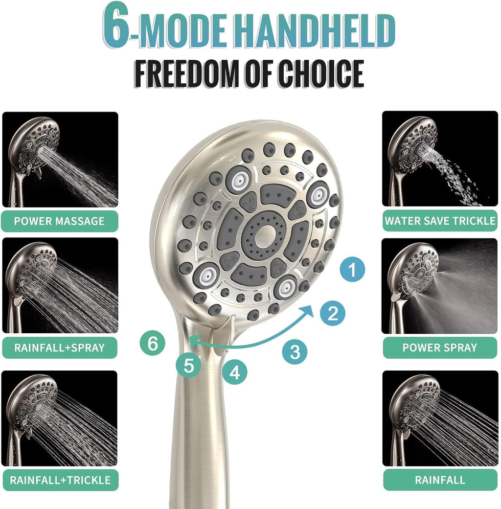 SR SUN RISE 10 Inch Rain Shower System, High Pressure Shower Heads and Handheld 6-Spray Combo Set Slide Bar Shower Faucets Sets Complete Included Valve and Trim Kit for Bathroom, Brushed Nickel