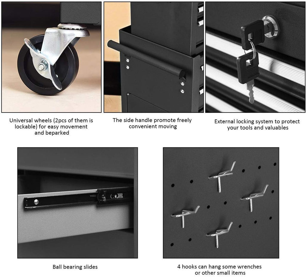 COSTWAYUS Tool Chest COSTWAY 2-in-1-Rolling-Cabinet-Storage-Chest-Box-Garage-Toolbox-Organizer-w-6-Drawers, Black
