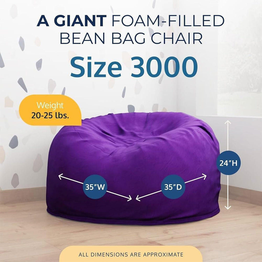 ULTIMATE SACK 3000 3-Foot Bean Bag Chair, Purple Suede Cover – Oversized Foam Lounger, Floor Seat, Small Sofa, or Couch Bed for Living Area, Gaming Room, or Reading Lounge