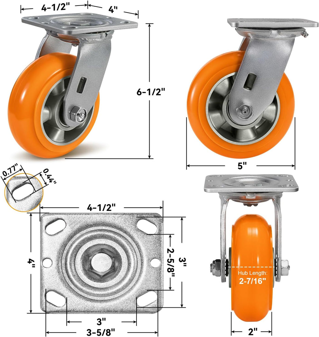 Caster Wheels, 5' Heavy Duty Industrial Swivel Caster, Crowned Tread Aluminum Core Thickened Polyurethane Casters Set of 4 with Load 4000lbs Capacity, Wheels for Cart Toolbox (4 Swivel)