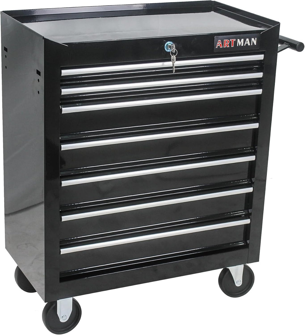 7-Drawers Multifunctional Tool Boxes on Wheels, Lockable 4' Casters Tool Cart Cabinet, Powder-coated Steel Rolling Tool Chest with Key for Garage, Warehouse, Repair Shop, 231LBS Capacity - Black
