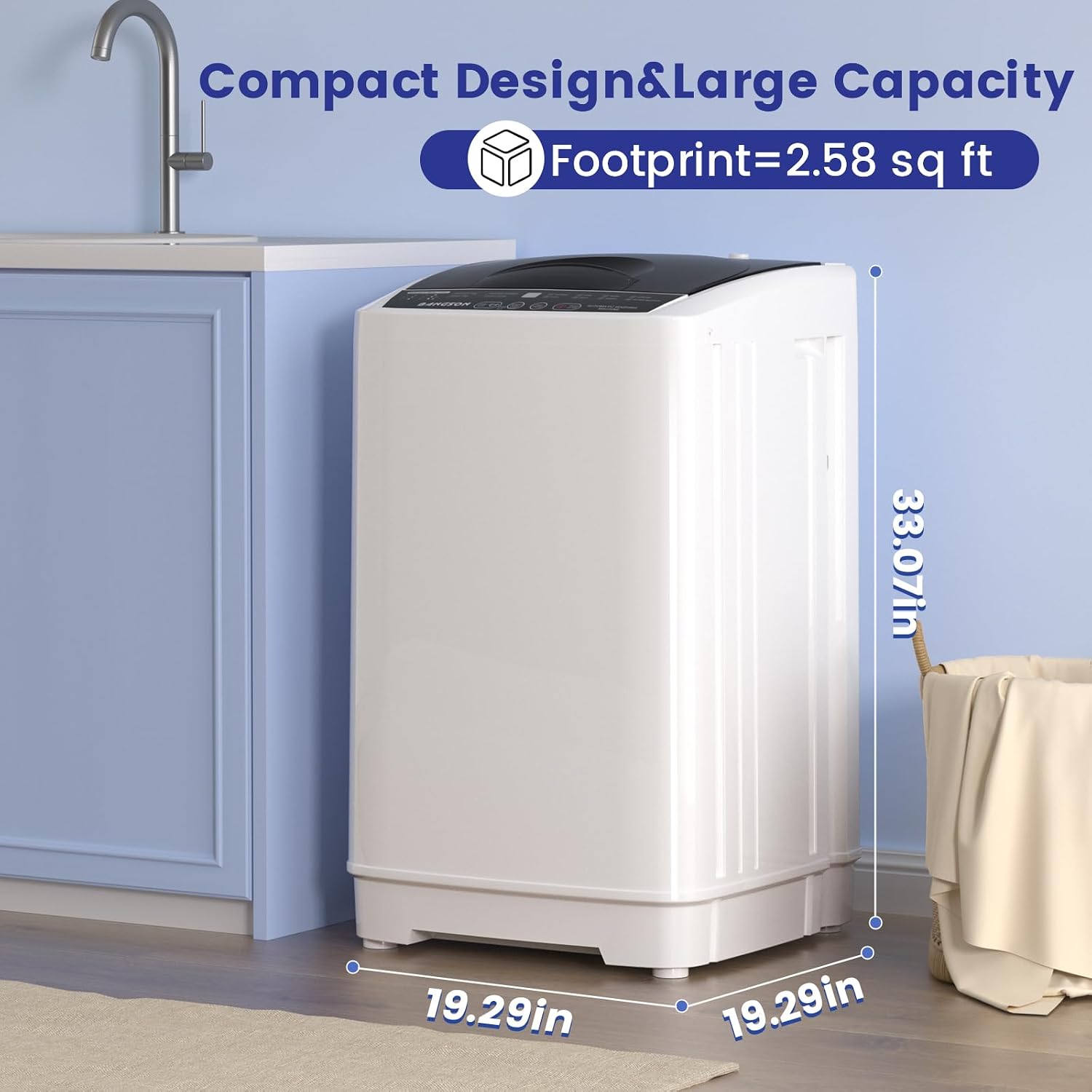 BANGSON 1.31cu.ft Portable Washing Machine, Full-Automatic washing Machine with 8 Programs 6 Water Levels, Drain Pump and LED Display, Compact Washer for Apartments, RVs, Homes, White