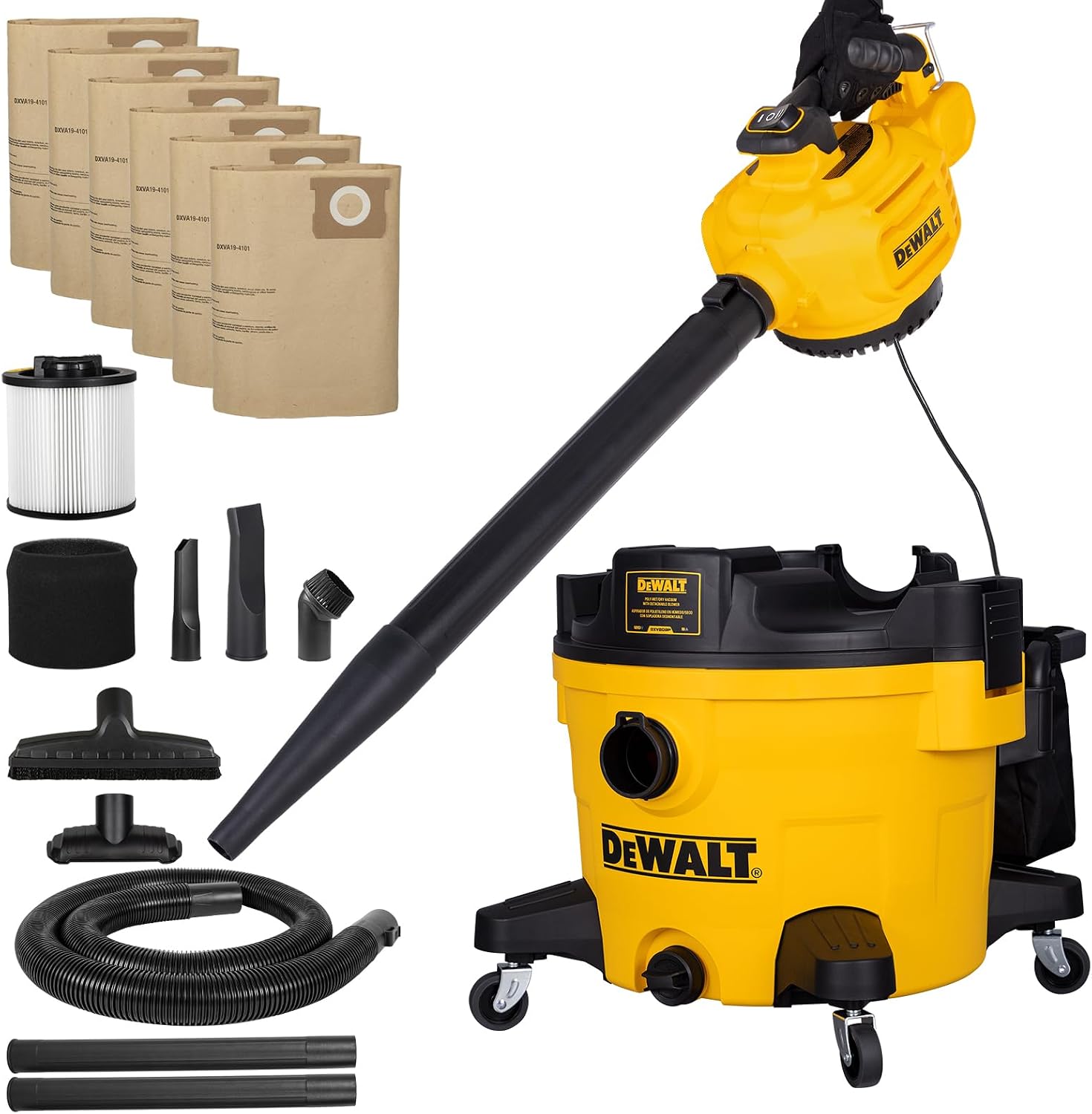 DEWALT Shop Vacuum Wet and Dry, 9 Gal 5 HP Shop Vac with Detachable Blower, Complete Full Set of Accessories & Storage Bag Design, Wet Dry Vacuum Cleaner for Garage Workshop Lawn Yard Patio, DXV209PC