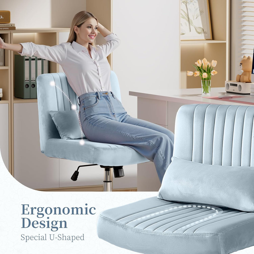Criss Cross Office Chair with Wheels, Velvet Cross Legged Desk Chair for Bedroom, Armless Computer Chair, Modern Vanity Chair, Festival for Adults, Velvet Dusk Blue