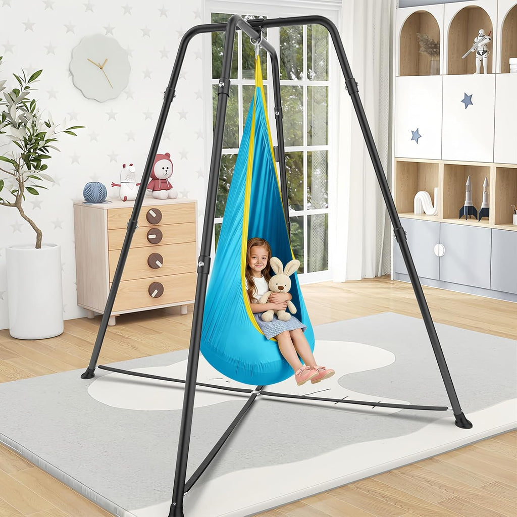 Swing Stand Frame with Sensory Swing Pod Chair, X-Shaped Swing Set, Metal Hammock Chair Stand for Adults Indoor and Outdoor 330LBS (Patterned-Star Blue)