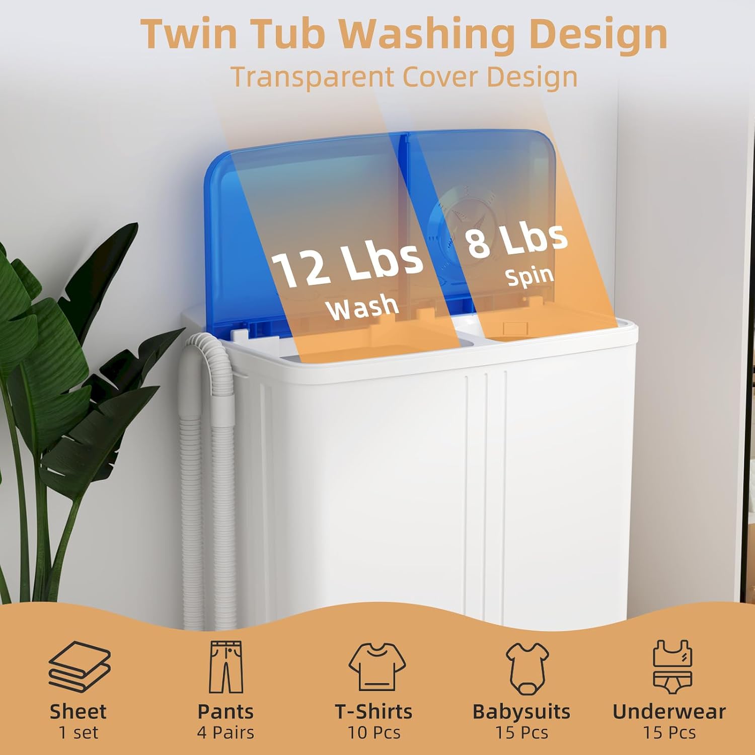 Zynkez Portable Washing Machine, 20Lbs Compact Twin Tub Laundry Washer with Built-in Drain Pump, Semi-Automatic 12Lbs Washer and 8Lbs Spinner Combo for Apartments, Dorms, RVs