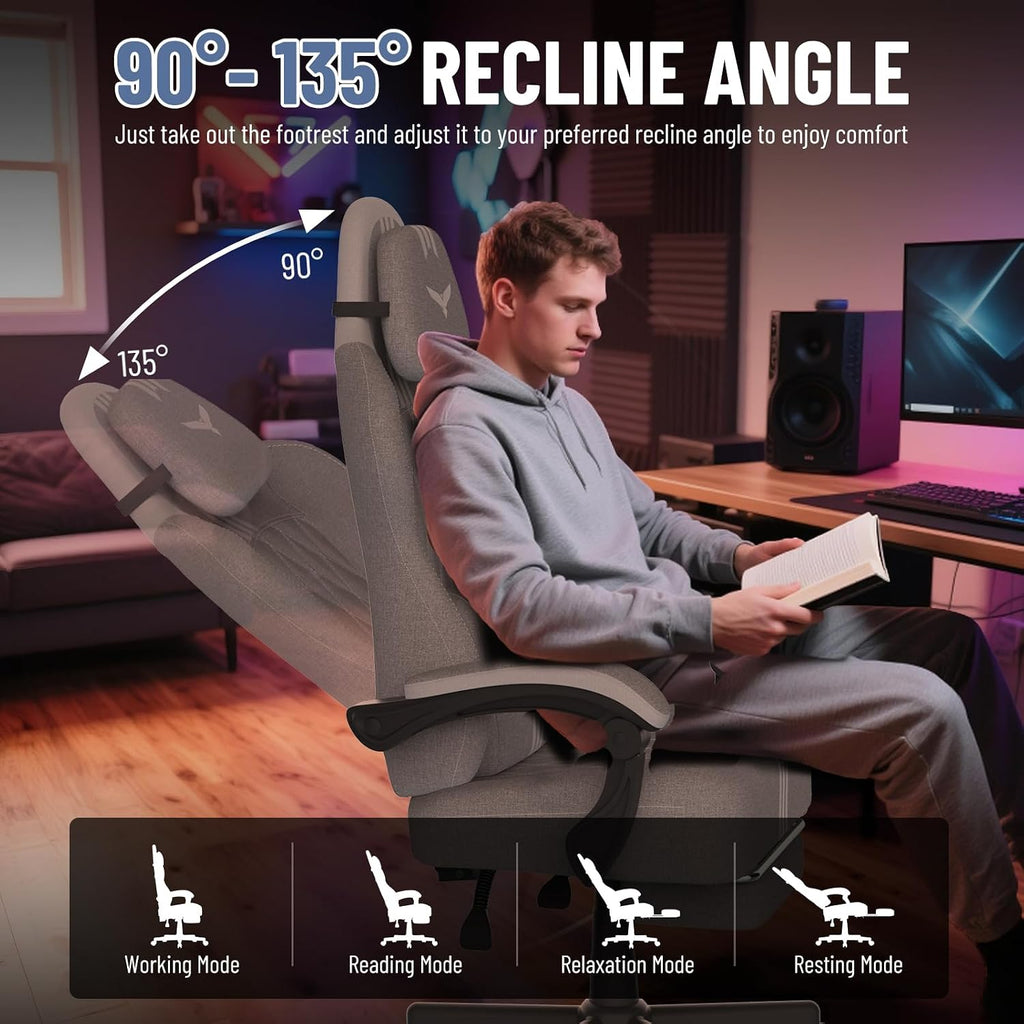 Ferghana Cotton Fabric Gaming Chair with Wider Seat Cushion, Diamond Double-Stitching Ergonomic High Back Game Chair with Footrest, Computer Chair with Massage Lumbar Support for Adult, Gray/White