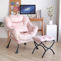 Lazy Chair with Ottoman, Modern Accent Chair with Lumbar Pillow, Velvet Pink Sofa, Armchairs with Folding Footrest, Oversized Supportive Chairs for Bedroom, Reading