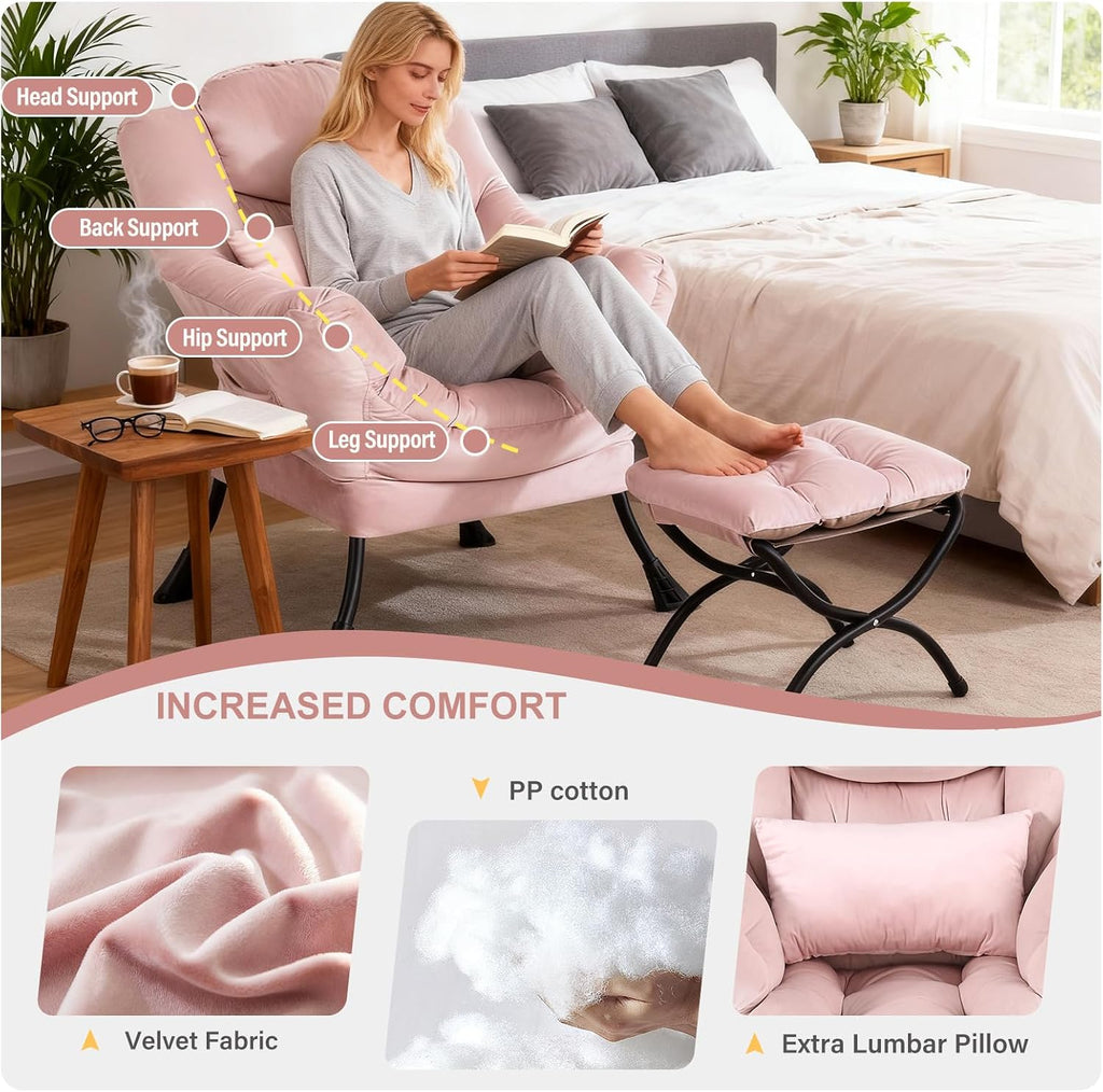 Lazy Chair with Ottoman, Modern Accent Chair with Lumbar Pillow, Velvet Pink Sofa, Armchairs with Folding Footrest, Oversized Supportive Chairs for Bedroom, Reading