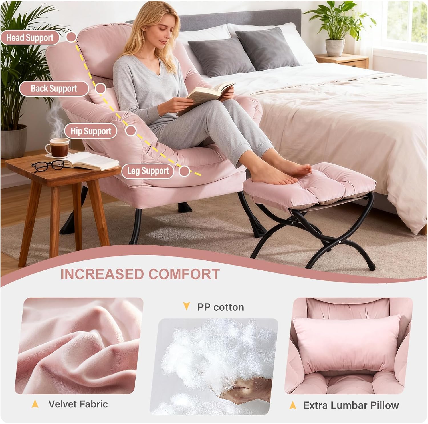 Lazy Chair with Ottoman, Modern Accent Chair with Lumbar Pillow, Velvet Pink Sofa, Armchairs with Folding Footrest, Oversized Supportive Chairs for Bedroom, Reading