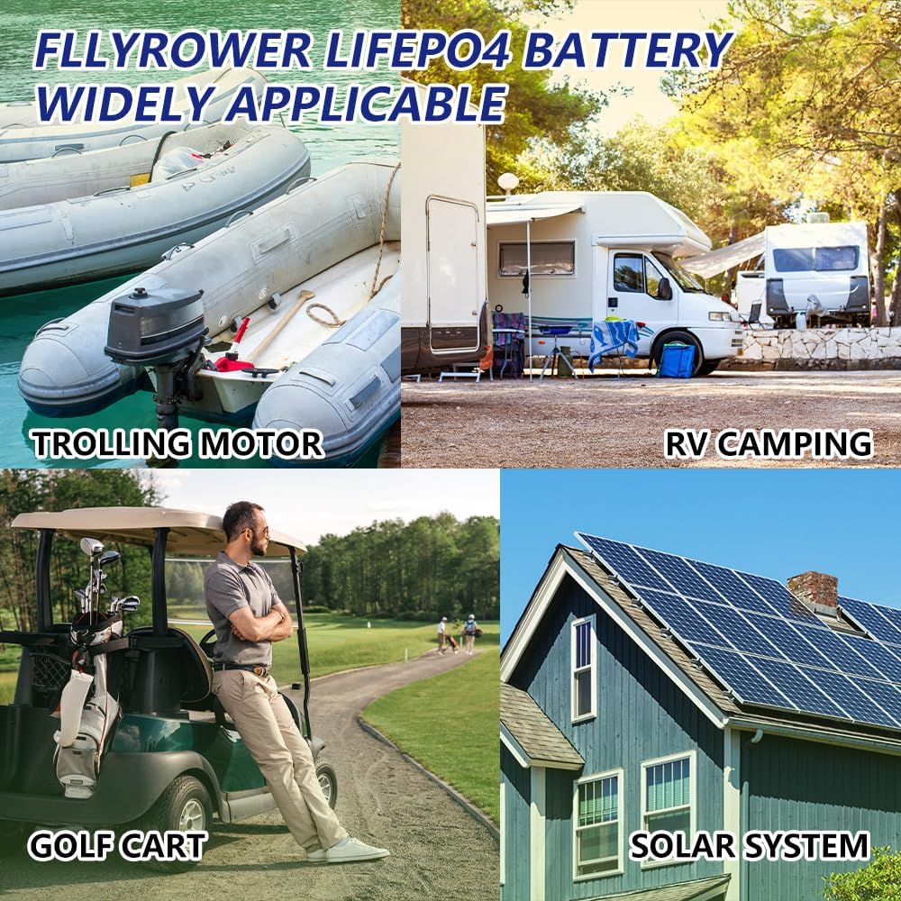 FLLYROWER 12V Lithium Battery 180AH With BMS and 16500 Deep Cycles 12V 180AH Lifepo4 Battery Grade A Cells for Marine Trolling Motor RV camping Solar Golf Cart Off-Grid