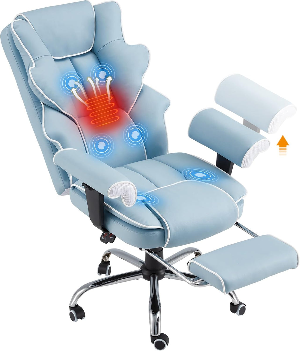 HOMREST Ergonomic Executive Office Chair with 6-Point Vibration & Heat - Reclining Managerial Chair with Adjustable Footrest and Armrests,Big and Tall Leather Home Office Desk Chairs(Airy Blue)