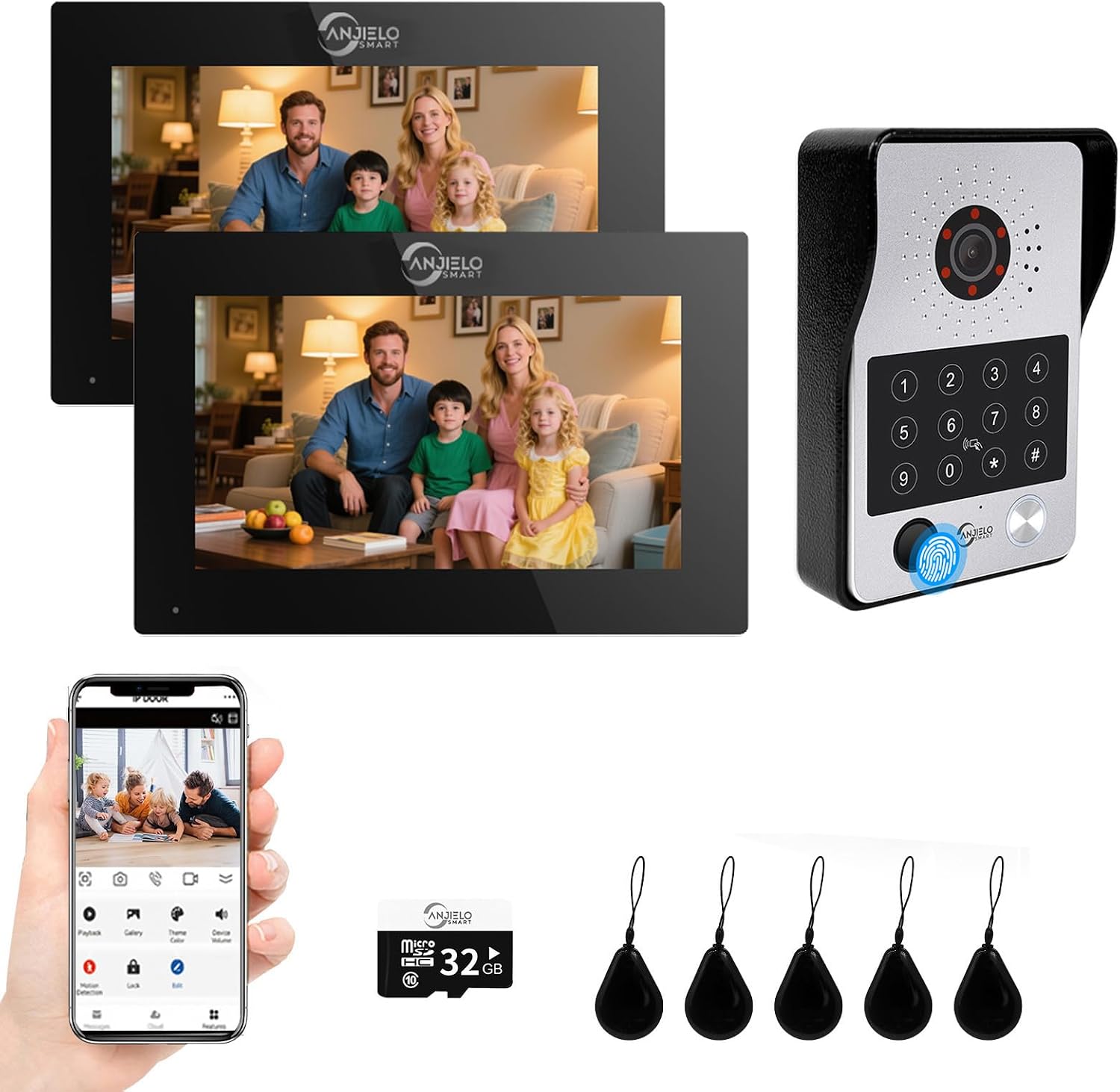 7-Inch Smart Video Intercom System,1080P HD Wired Doorbell with Touchscreen Monitor,Fingerprint, RFID & PIN Unlock,Tuya Smart App Control,Ideal for Homes, Villas & Apartments (1 doorbell + 2 Monitor)