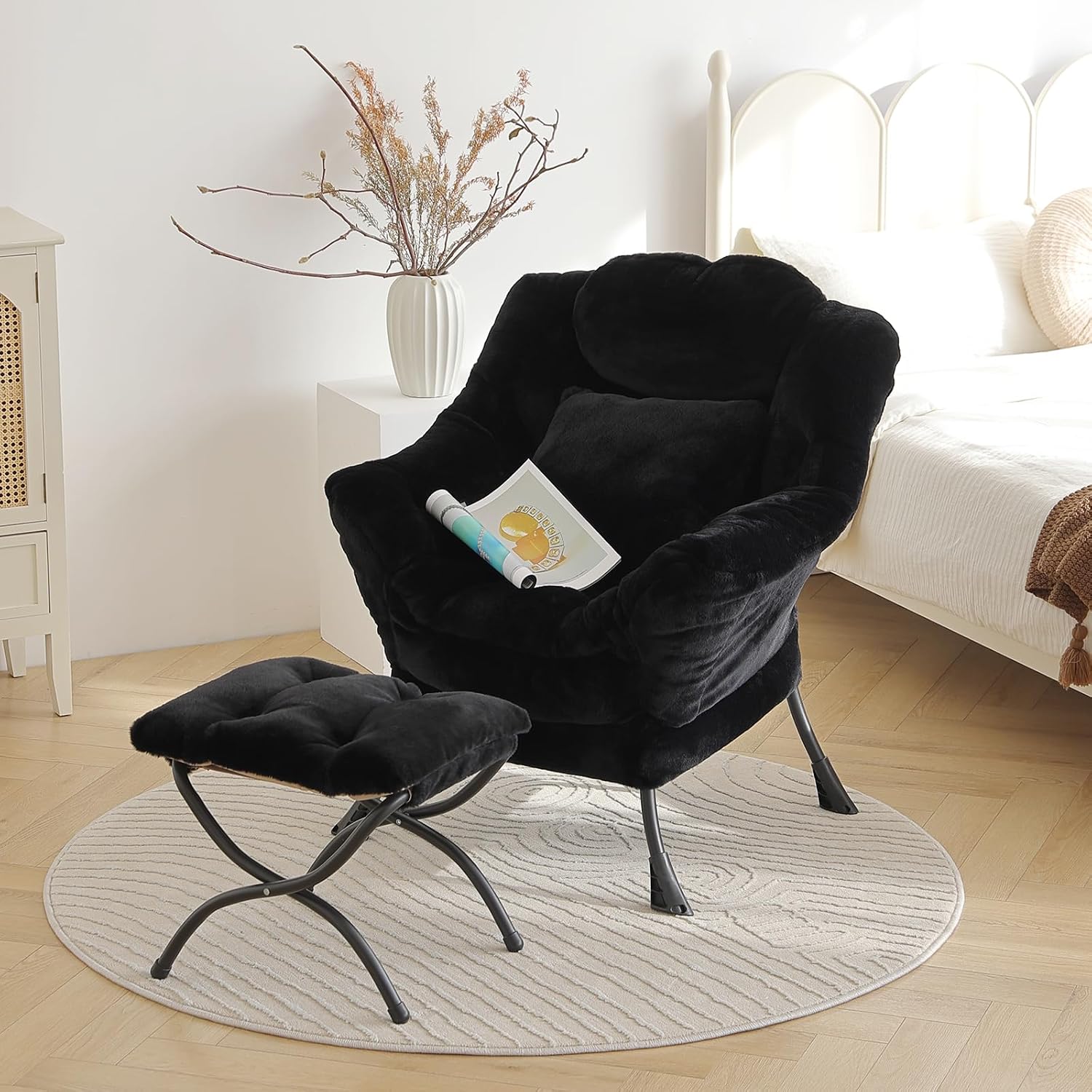 Lazy Chair with Ottoman, Large Black Accent Chair with Ottoman and FA Throw Pillow, Comfy Plush Reading Chair for Living Room Bedroom Dorm Room Office Apartment Relaxing Use