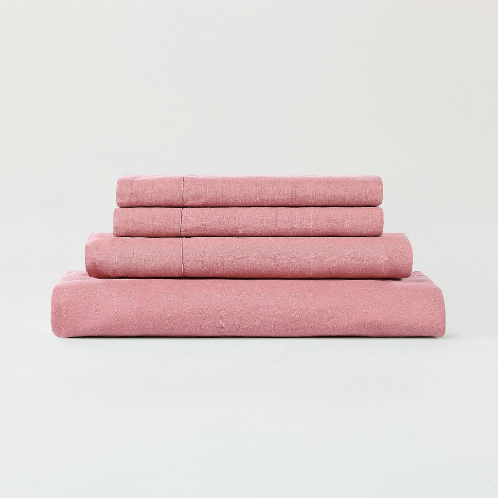 Sijo Stone Washed Organic French Linen Bed Sheet Set, GOTS Certified Organic, Best Cooling Linen Sheet Award by Sleep Foundation, 4 Piece - 2 Pillowcases, 1 Fitted and 1 Flat (Pink Clay, Cal King)