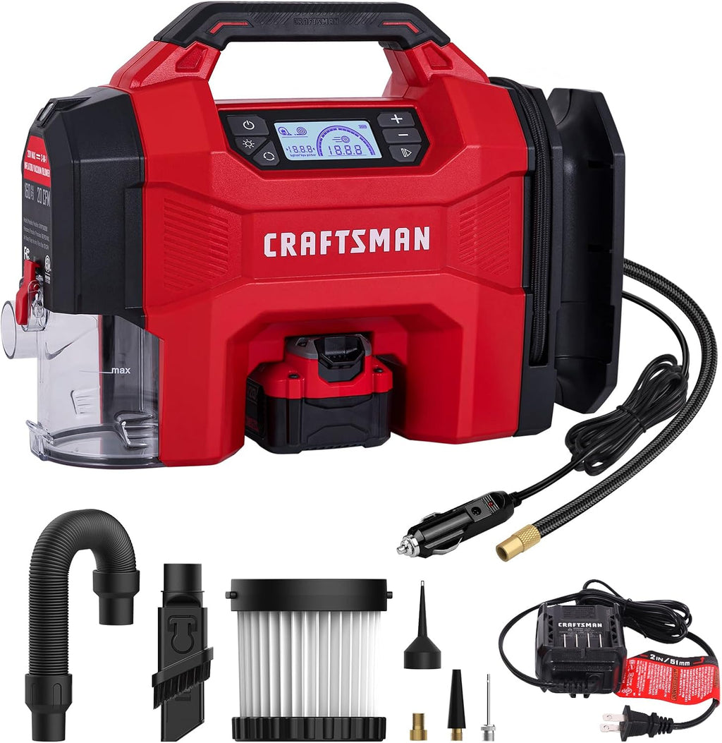 CRAFTSMAN 3-in-1 Cordless Portable Tire Inflator 160 PSI Air Compressor, 4.0Ah Battery & 12V Charger, Car Vacuum, Dust Blower & LED Light for Car, Bike, Ball, Inflatable Mat & SUP