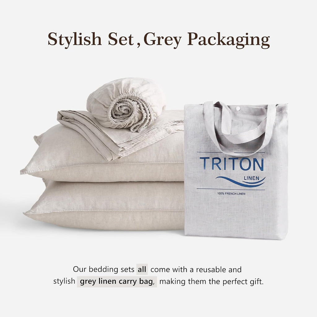 100% French Linen Sheets Set King Size-4Pcs Natural Washed Flax Bed Sheets Soft Breathable and Durable- 1 Flat Sheet 1 Fitted Sheet 2 Pillowcases (Natural Linen, King)