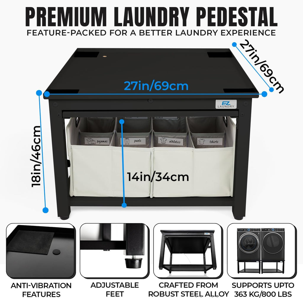 Washer and Dryer Pedestal with Pullout-Shelf - 27' W, 18' H, Black Steel Universal Fit with Major Brands | Laundry Pedestal with Drain Pan & Hose | Washer Stand for Back Pain Relief, 800 lbs Capacity