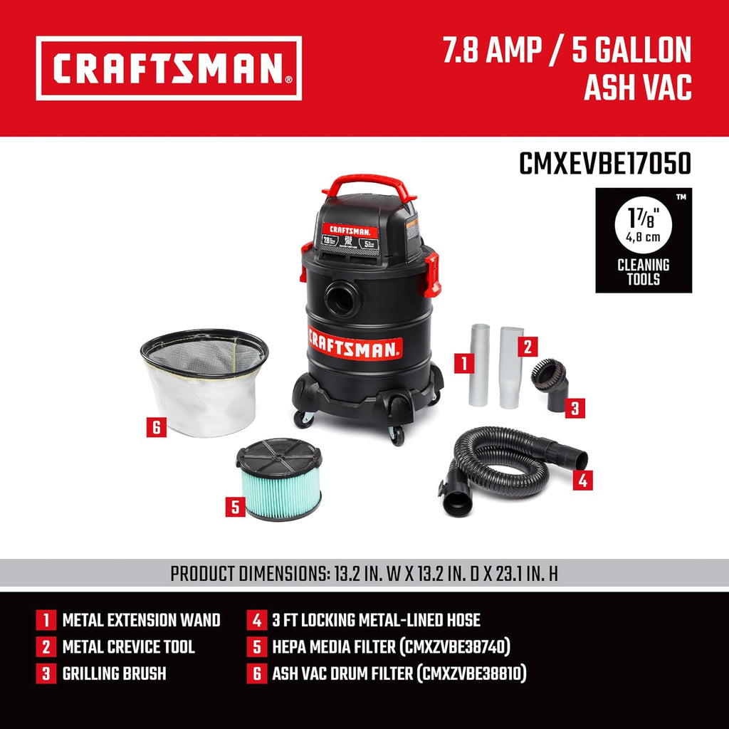 CRAFTSMAN CMXEVBE17050 5 Gallon 7.8 Amp Ash and Grilling Vacuum, Portable Dry Only Shop Vacuum with Drum Filter, Cartridge Filter, Hose and Attachments for Cool/Dry Ash Cleaning