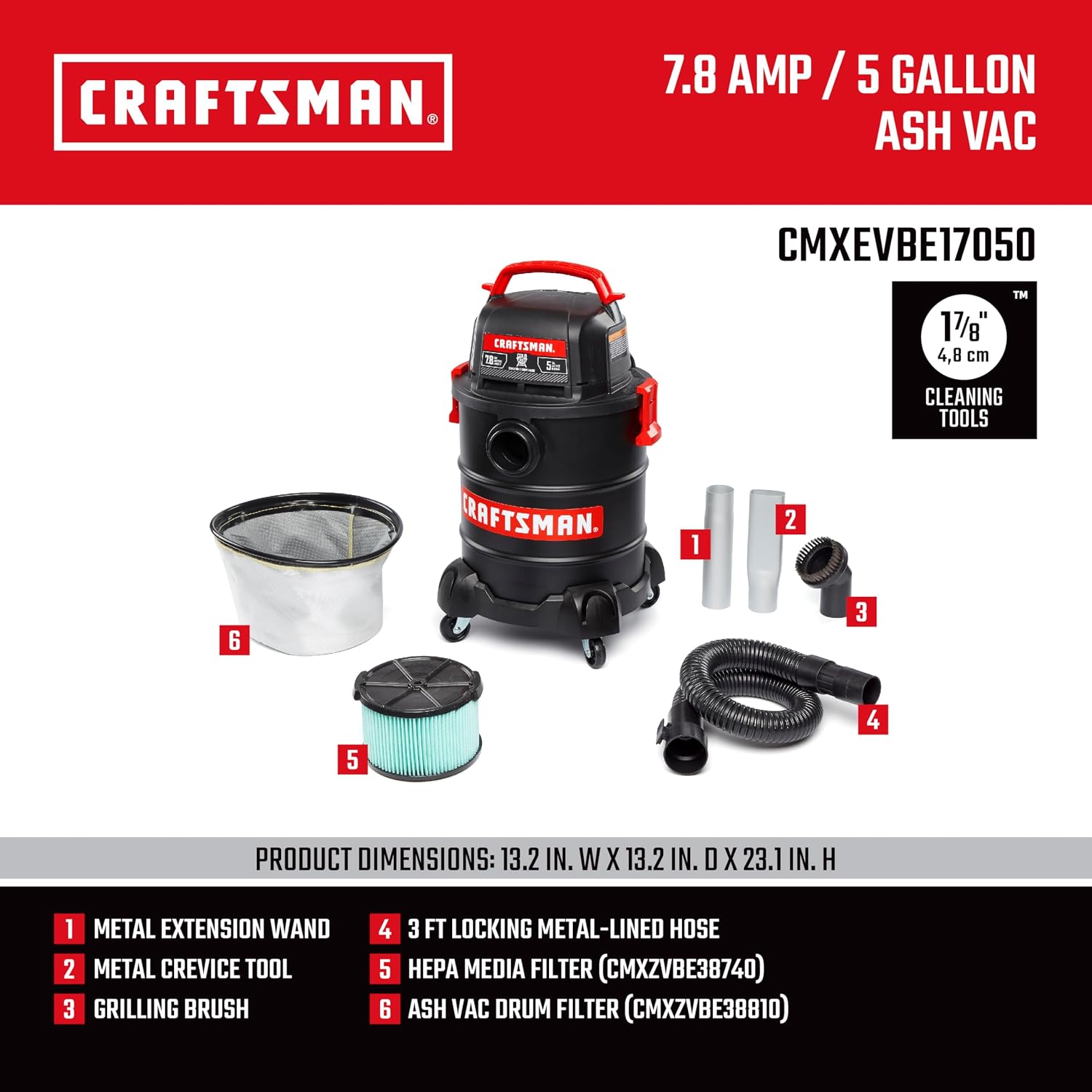 CRAFTSMAN CMXEVBE17050 5 Gallon 7.8 Amp Ash and Grilling Vacuum, Portable Dry Only Shop Vacuum with Drum Filter, Cartridge Filter, Hose and Attachments for Cool/Dry Ash Cleaning