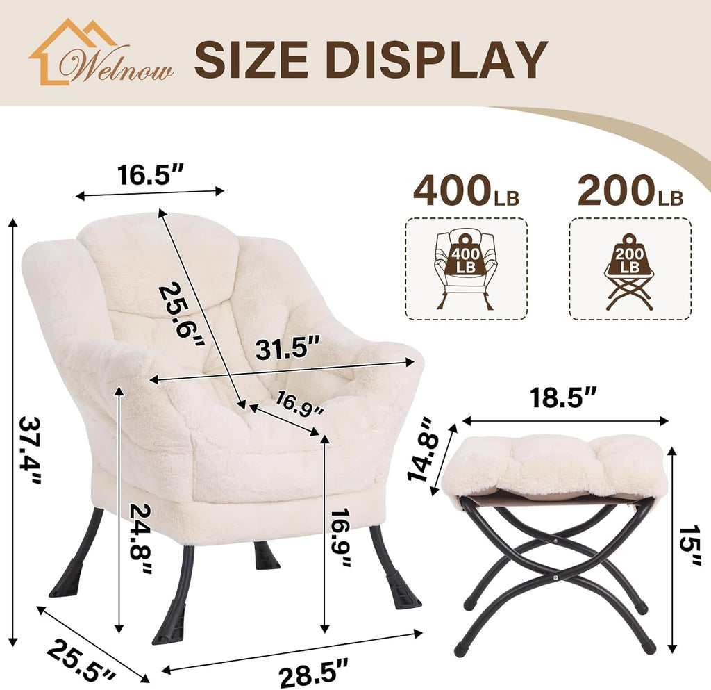 Welnow Lazy Chair with Ottoman, Modern Accent Chair with Armrests and a Side Pocket, Leisure Sofa Armchair, Reading Armchair with Footrest for Small Space, Plush Beige